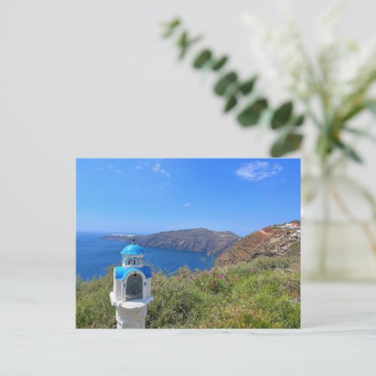 Santorini Greece Blue Domed Church Postkarte (Stehend Vorderseite)