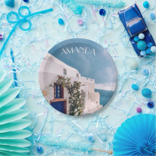 Santorini Greece - blue door at santorini greece Pappteller (Party)