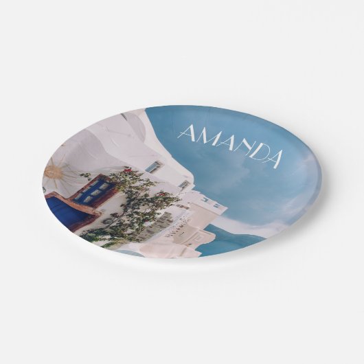 Santorini Greece - blue door at santorini greece Pappteller (Schrägansicht)