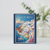 Santorini Greece Illustration Travel Art Vintage Postkarte (Stehend Vorderseite)