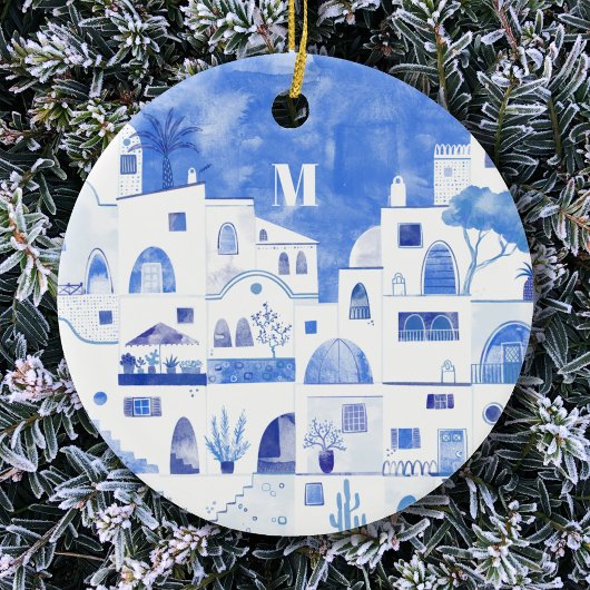 Santorini Greece Monogram Watercolor Keramik Ornament