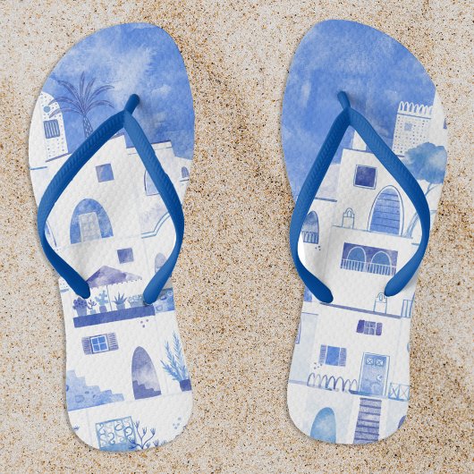 Santorini Greece Watercolor Blue White Badesandalen