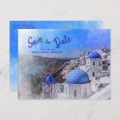 Santorini Greece Watercolor Blue White Wedding Ankündigungspostkarte (Vorne/Hinten)