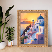 Santorini, Greece | Watercolor Coastline Sunset Poster