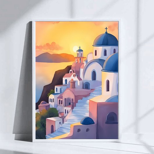 Santorini, Greece | Watercolor Coastline Sunset Poster