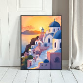Santorini, Greece | Watercolor Coastline Sunset Poster