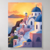 Santorini, Greece | Watercolor Coastline Sunset Poster (Vorne)