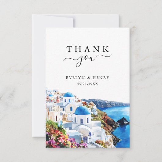 Santorini Greece Watercolor Destination Wedding Dankeskarte (Vorderseite)