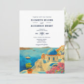 Santorini Greece Watercolor Skyline Wedding Einladung (Stehend Vorderseite)
