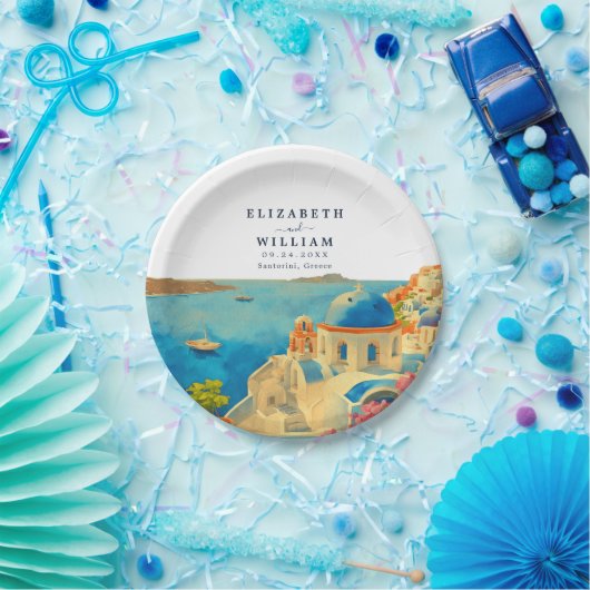 Santorini Greece Watercolor Skyline Wedding Pappteller (Party)