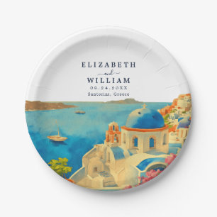 Santorini Greece Watercolor Skyline Wedding Pappteller