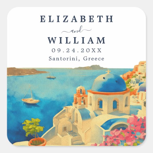 Santorini Greece Watercolor Skyline Wedding Quadratischer Aufkleber (Vorderseite)