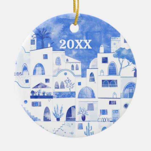 Santorini Griechenland Aquarellfarben Datum Mittel Keramik Ornament (Vorne)