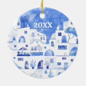 Santorini Griechenland Aquarellfarben Datum Mittel Keramik Ornament (Hinten)