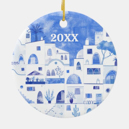 Santorini Griechenland Aquarellfarben Datum Mittel Keramik Ornament (Hinten)