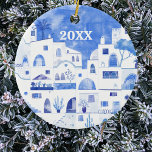 Santorini Griechenland Aquarellfarben Datum Mittel Keramik Ornament<br><div class="desc">Ein Aquarellbild in Blau und Weiß von Oia auf der schönen griechischen Insel Santorin. Ändern Sie das Datum,  oder verlass leer,  um es zu entfernen,  wenn Sie es vorziehen. Originelle Kunst von Nic Squirrell.</div>