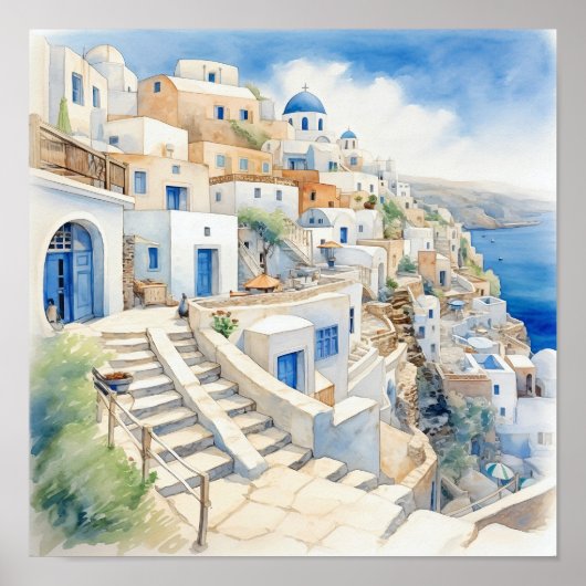 Santorini Griechenland Aquarellmaler Platz Poster (Vorne)