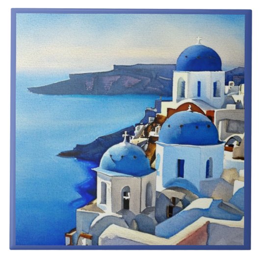 Santorini Griechenland Aquarellmalerei Fliese (Vorderseite)