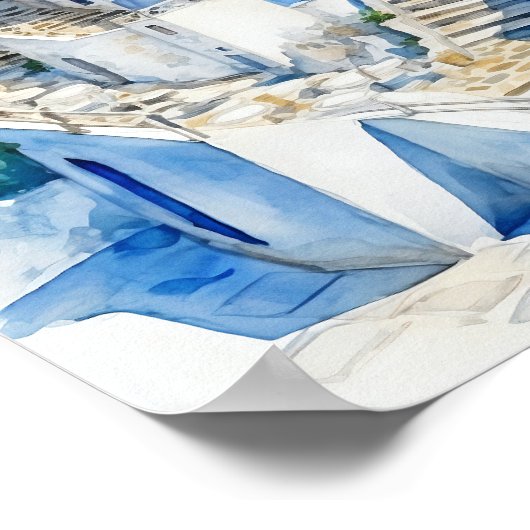 Santorini Griechenland Aquarellmalerei Quadrat Pos Poster (Ecke)