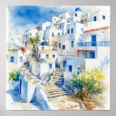 Santorini Griechenland Aquarellmalerei Quadrat Pos Poster (Vorne)