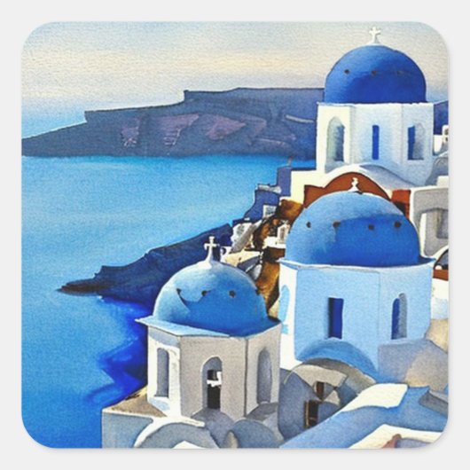 Santorini Griechenland Aquarellmalerei Quadratischer Aufkleber (Vorderseite)