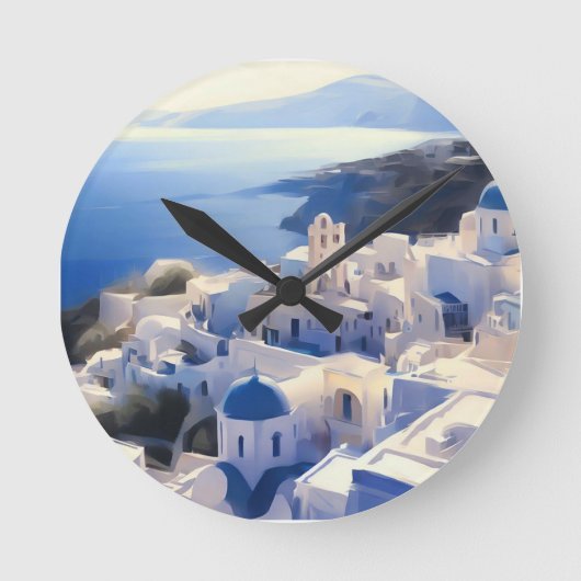 Santorini Griechenland Aquarellmalerei Runde Wanduhr (Vorderseite)