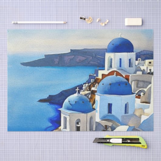 Santorini Griechenland Aquarellmalerei Seidenpapier (Handwerk)