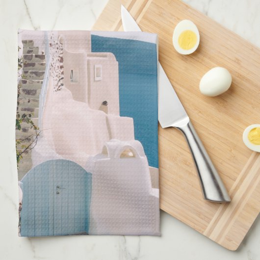 Santorini Griechenland - Blaue Tür beim Santorini- Geschirrtuch (Viertel Falte)