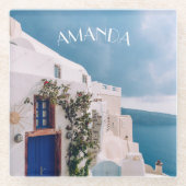 Santorini Griechenland - Blaue Tür beim Santorini- Glasuntersetzer (Vorderseite)