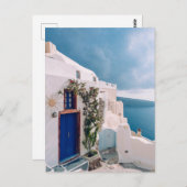 Santorini Griechenland - Blaue Tür beim Santorini- Postkarte (Vorne/Hinten)