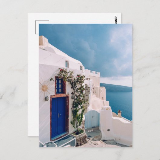 Santorini Griechenland - Blaue Tür beim Santorini- Postkarte (Vorne/Hinten)