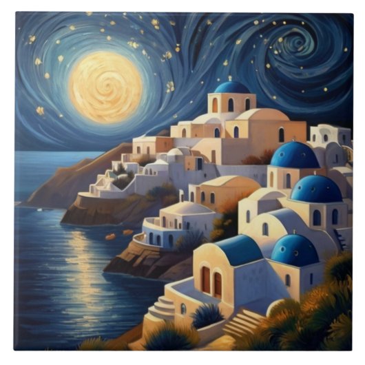 Santorini, Griechenland durch Moon light - Griechi Fliese (Vorderseite)