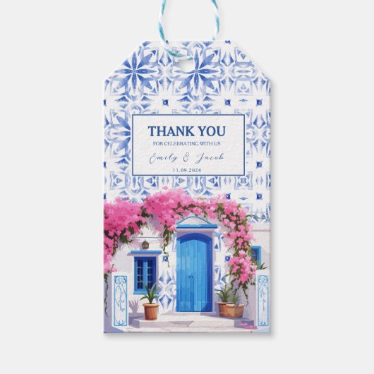 Santorini Griechenland Hochzeit Blau-Weiß Geschenkanhänger (Vorderseite)