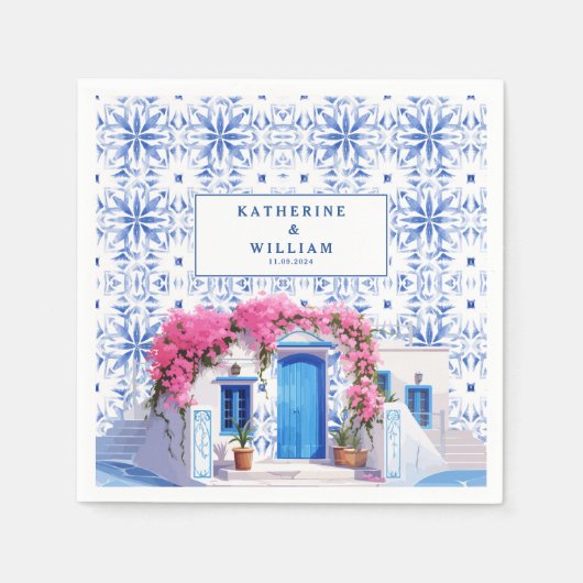 Santorini Griechenland Hochzeit Blau-Weiß Serviette (Vorderseite)