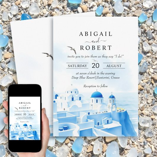 Santorini Griechenland Hochzeit der Aquarelllandsc Einladung