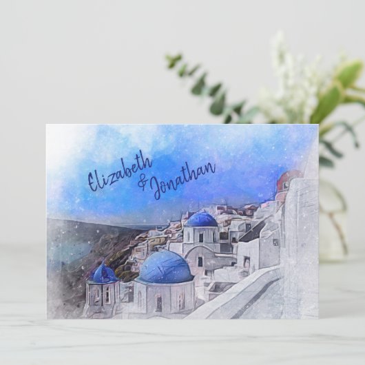 Santorini Griechenland Hochzeit in Urlaubsort Einladung (Stehend Vorderseite)