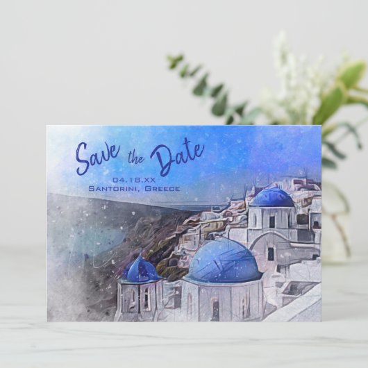 Santorini Griechenland Hochzeit in Urlaubsort Save The Date (Stehend Vorderseite)