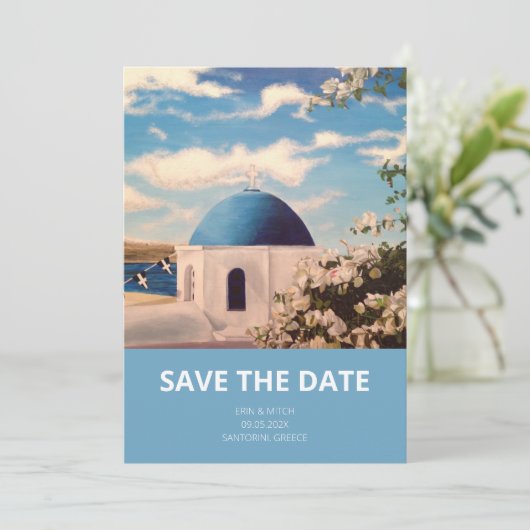 Santorini Griechenland Hochzeit retten das Datum d Save The Date (Stehend Vorderseite)