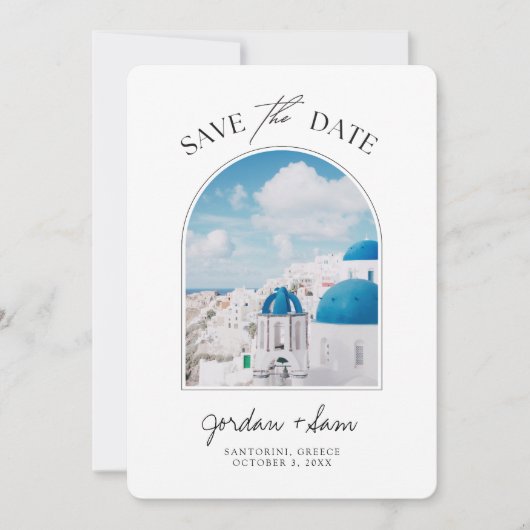Santorini Griechenland Hochzeit rettet das Datum Einladung (Vorderseite)