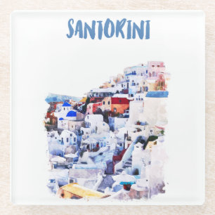 Santorini Griechenland Illustration Wasserfarbe Glasuntersetzer