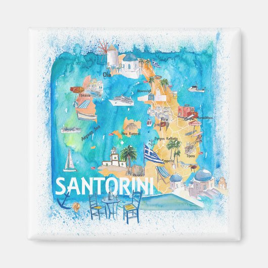 Santorini Griechenland Illustrierte Karte mit Haup Magnet (Vorne)