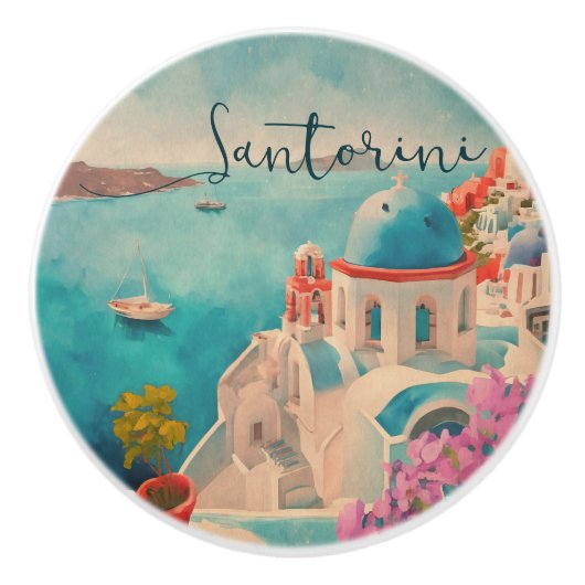 Santorini Griechenland Insel Wasserfarbenreise Sou Keramikknauf (Vorderseite)