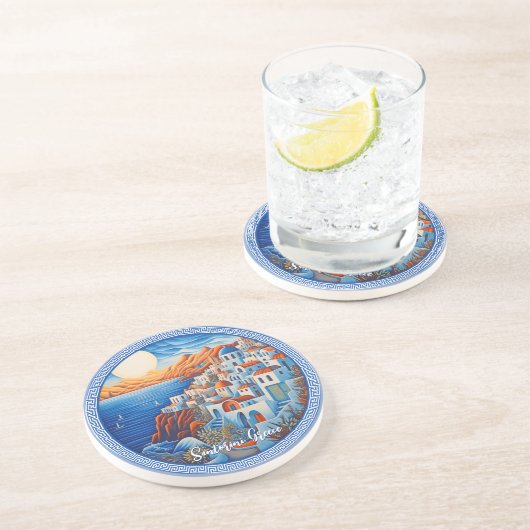 Santorini Griechenland Malerei | Reisekunst Getränkeuntersetzer (Seite)