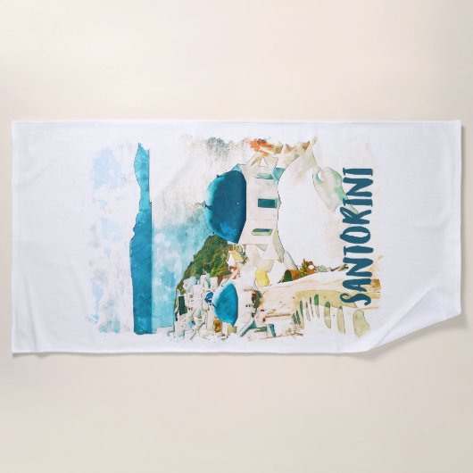 Santorini Griechenland Reisen Wasserfarbe Strandtuch (Vorderseite)