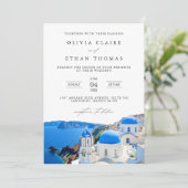 Santorini Griechenland Skyline-Hochzeit in Urlaubs Einladung (Stehend Vorderseite)