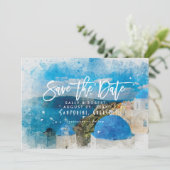 Santorini Griechenland Sommer Save the Date Dankeskarte (Stehend Vorderseite)