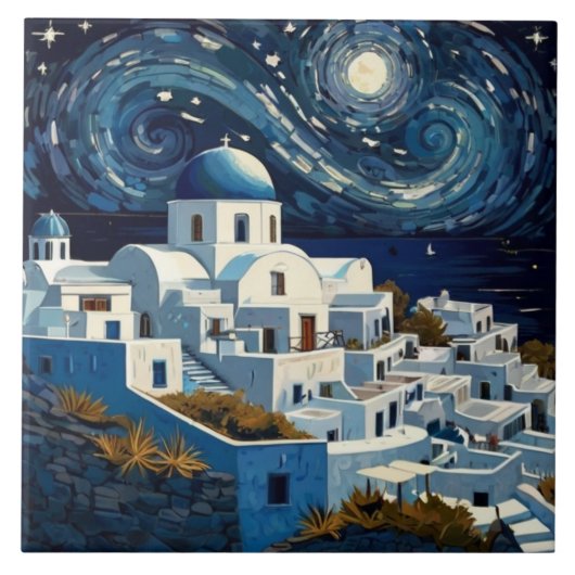 Santorini, Griechenland Starry Night - Griechische Fliese (Vorderseite)