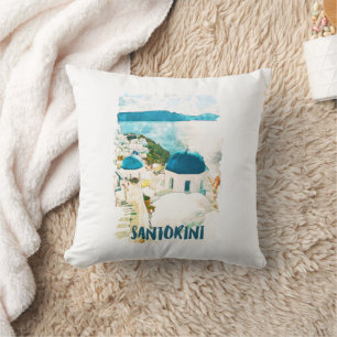 Santorini Griechenland Vintage Reisen Wasserfarbe Kissen