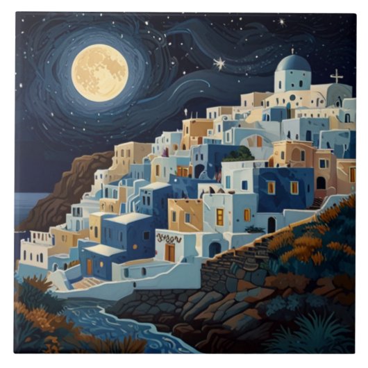 Santorini, Griechenland Vollmond-Nacht-Dorf Fliese (Vorderseite)