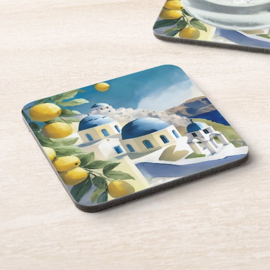Santorini Griechenland Wassercolor Getränkeuntersetzer (Linke Seite)
